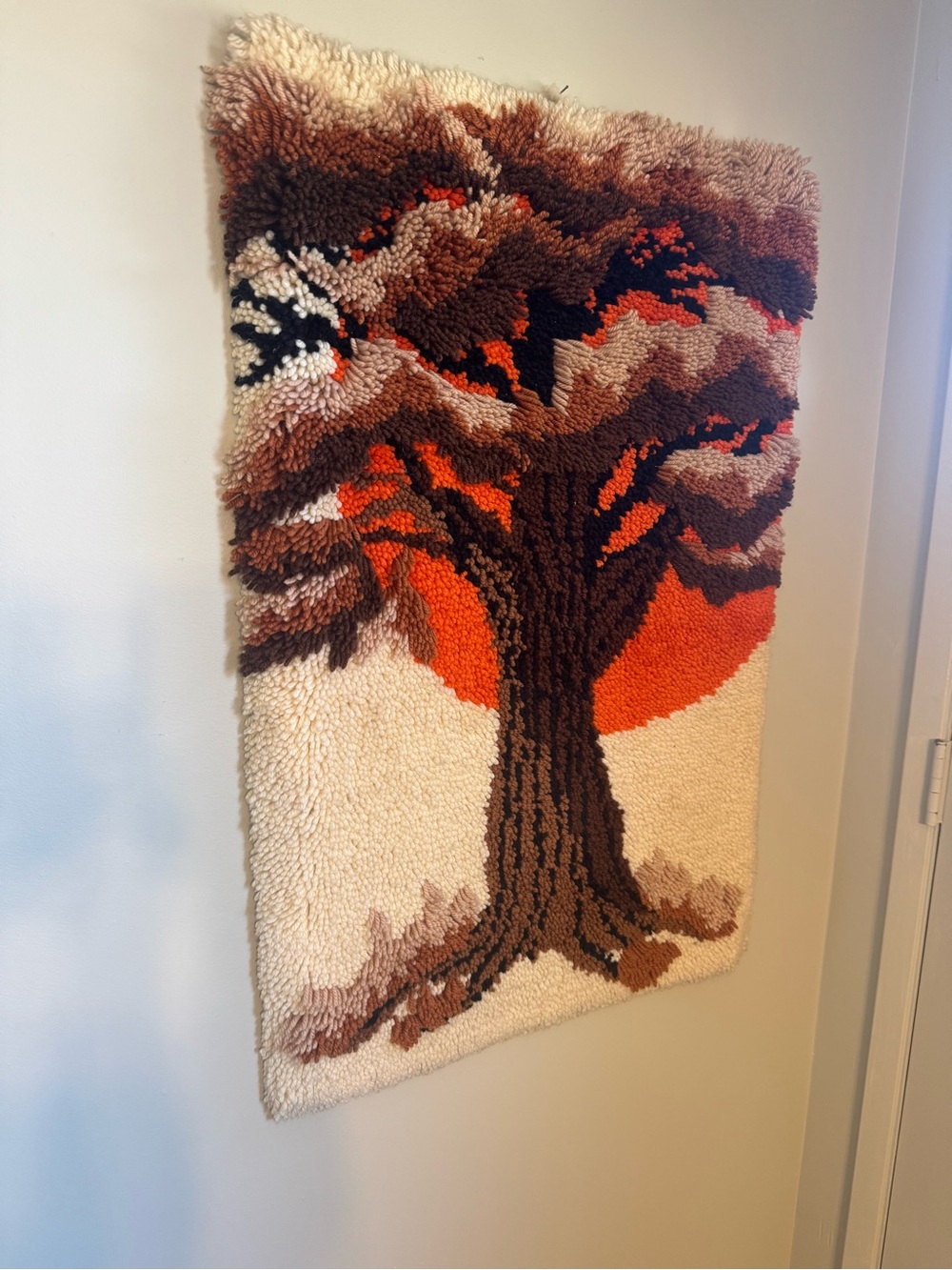VINTAGE 70s Latch Hook Wall Hanging Tree Sunset Boho Decor Fiber Art